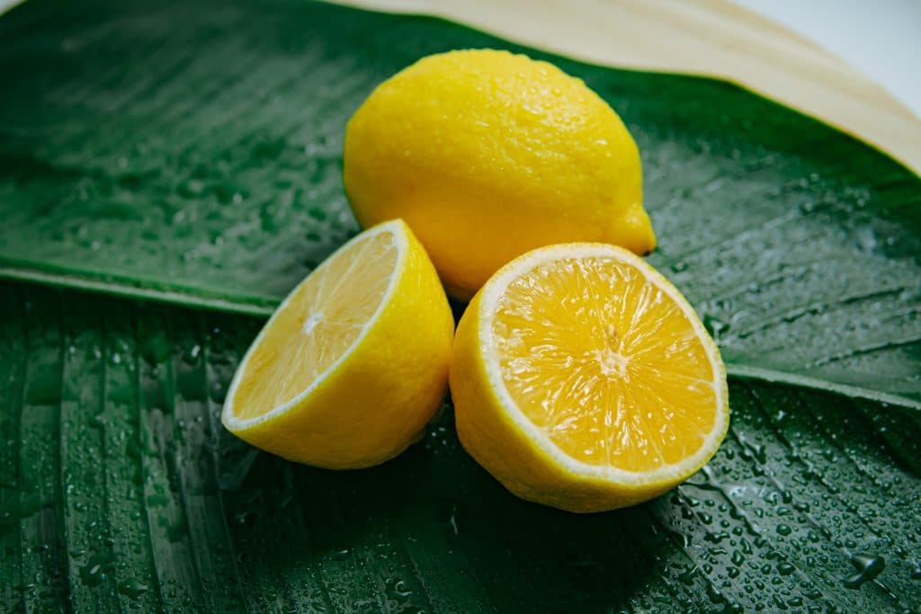 Halved lemons on a leaf