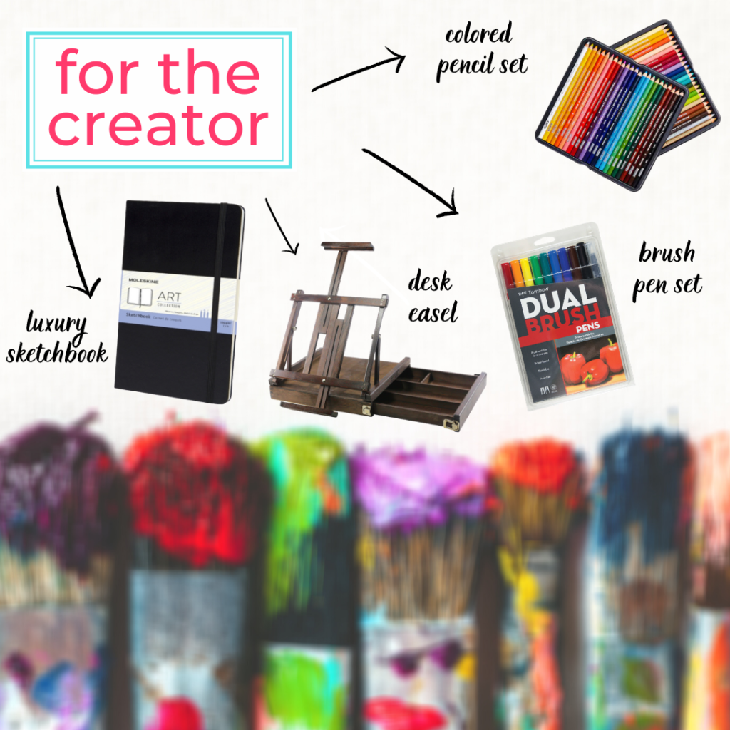Gifts for creators: colored pencil set, brush pen set, desk easel, & luxury sketchbook 