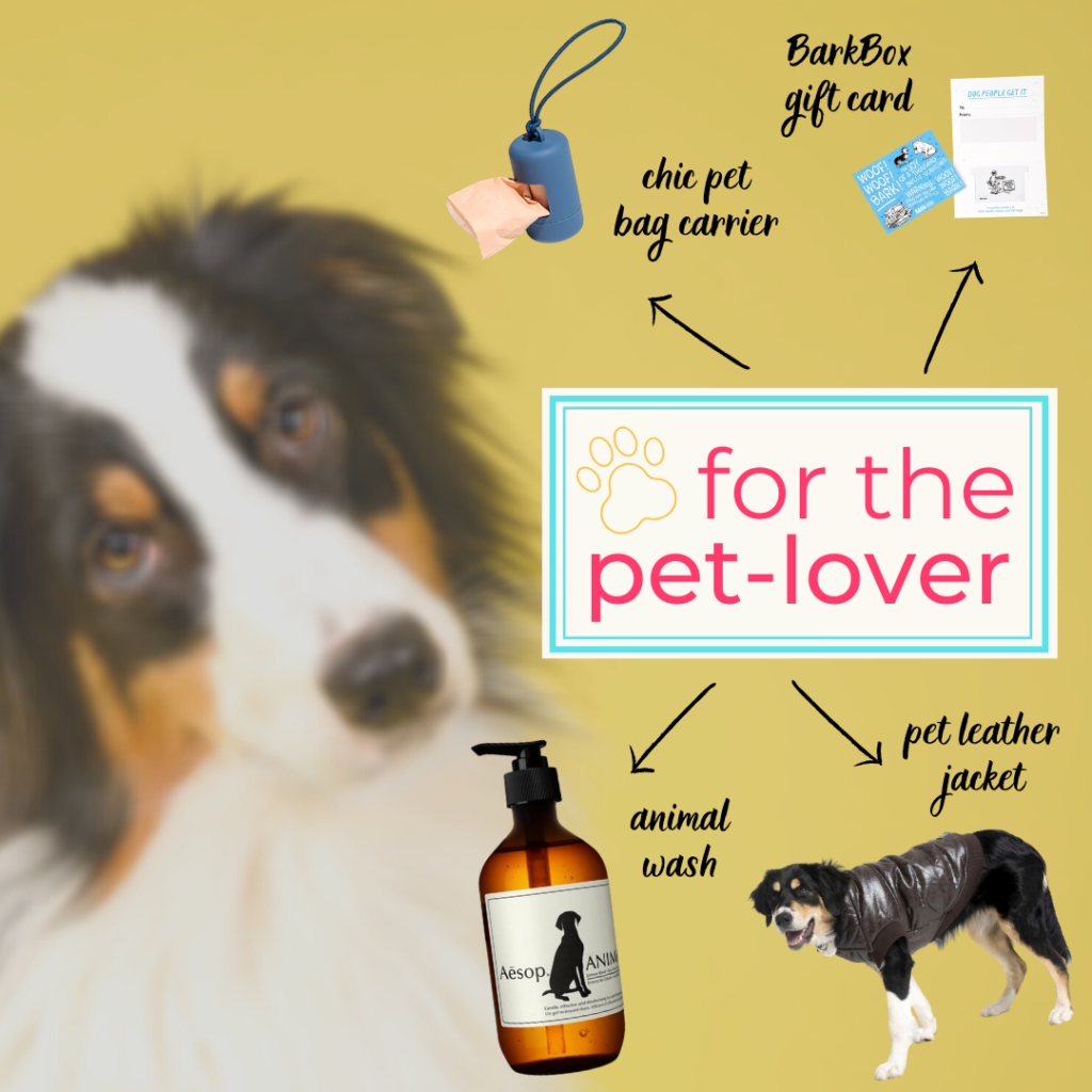 Gifts for pet lovers: pet bag carrier, Barkbox gift card, animal wash, & pet leather jacket 