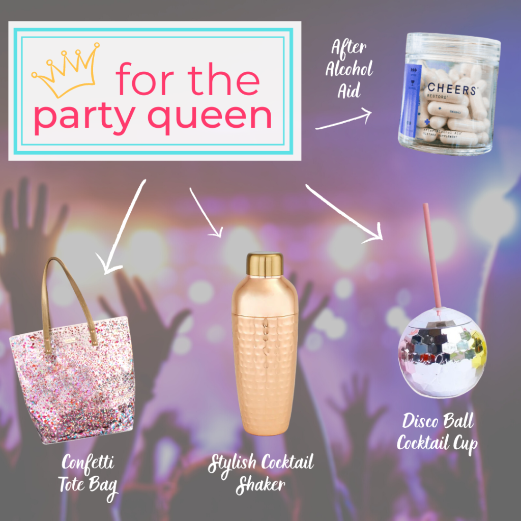 Gifts for party queens: After-alcohol aid, disco ball cocktail cup, stylish cocktail shaker, confetti tote bag