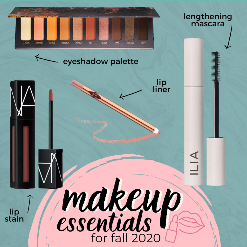Makeup essentials: lip stain, eyeshadow palette, lip liner, lengthening mascara